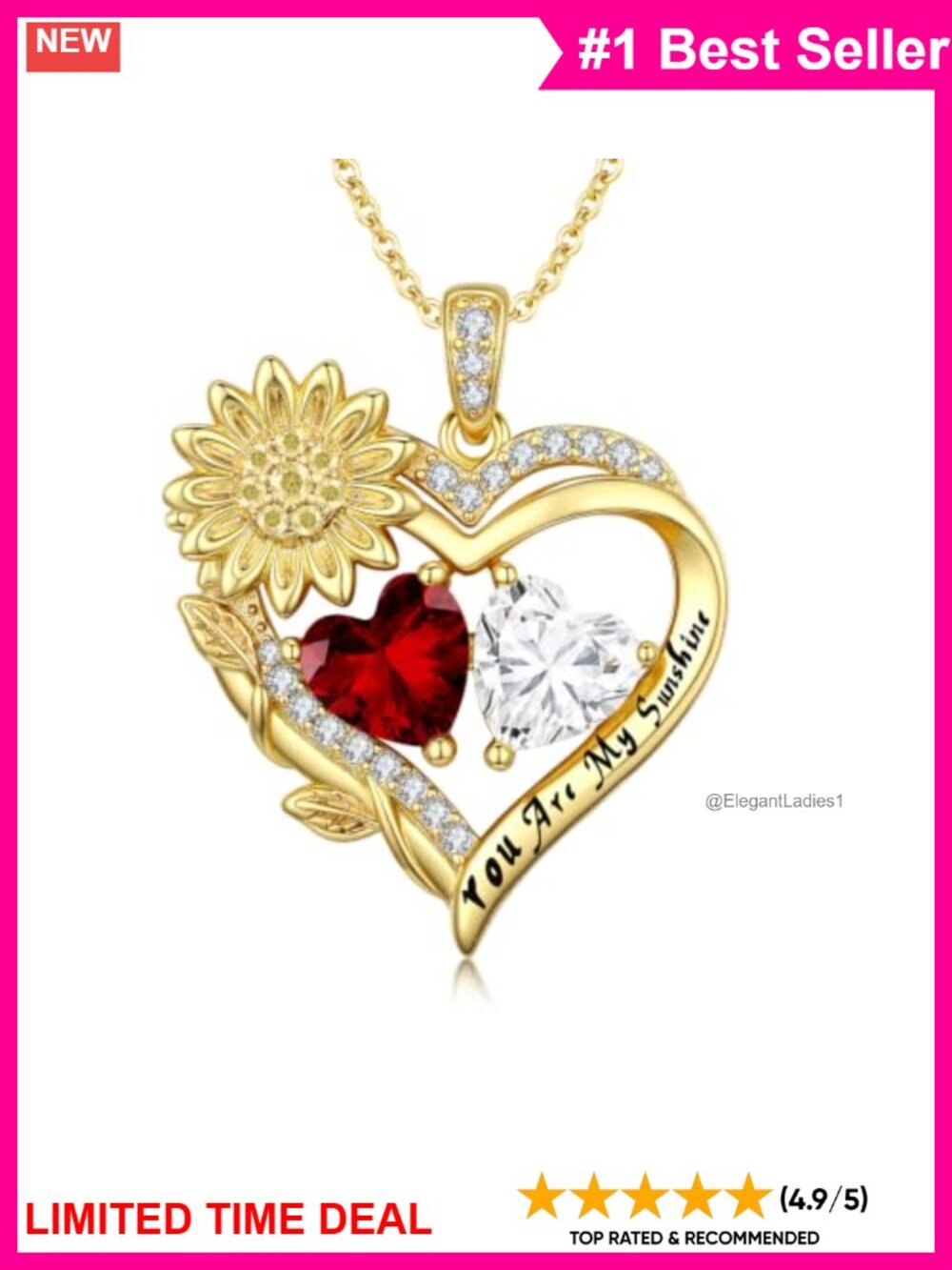 14K Gold Plated Sunflower Heart Birthstone Pendant Necklace